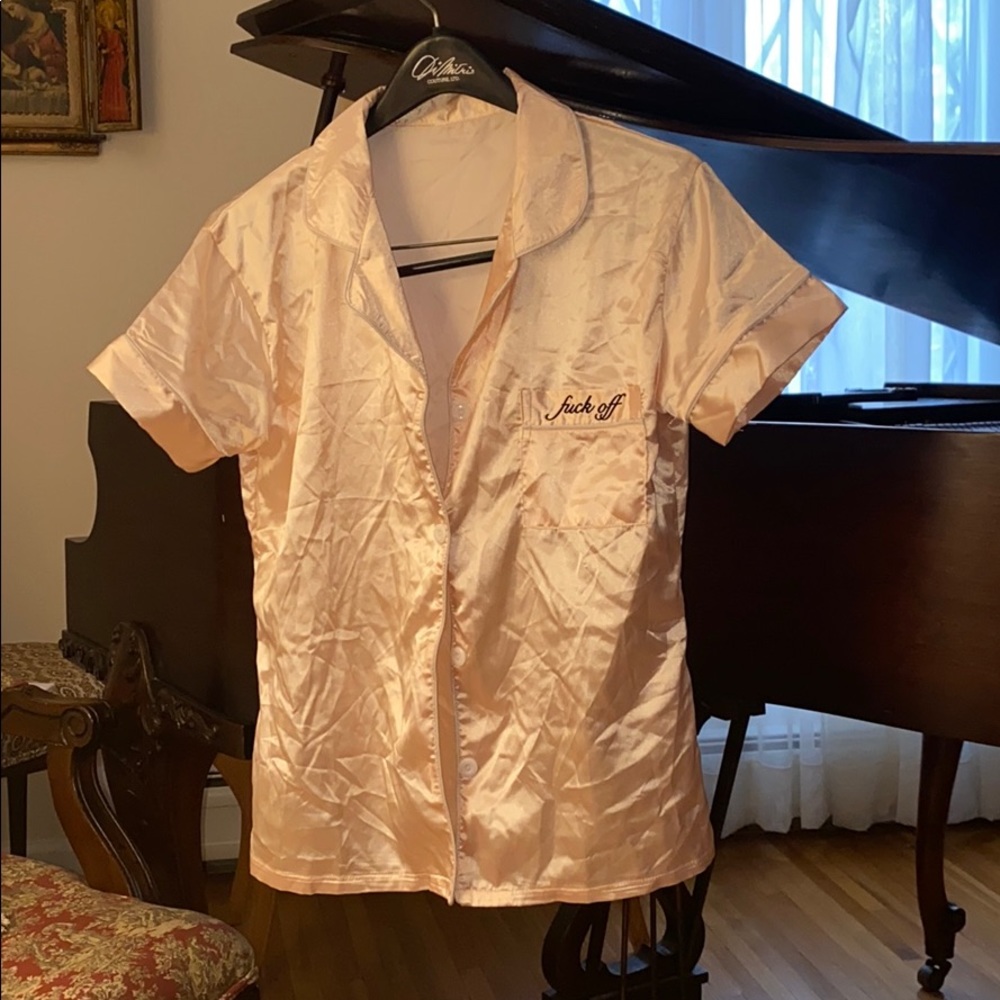 Mayfair Group "Fuck Off" Silk PJ Pink ButtonUp Top